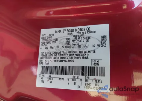 2011 Ford Ranger Sport from USA, damaged, VIN 1FTKR1EE9BPA38930